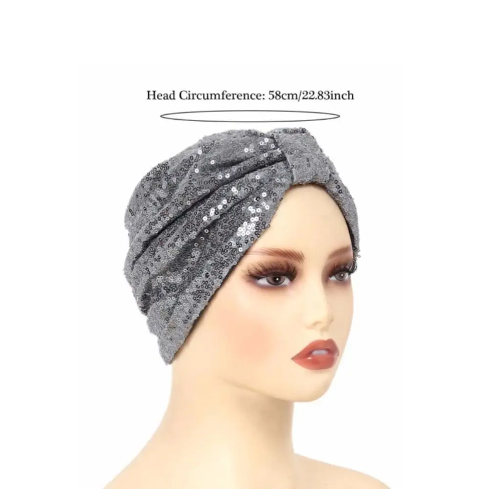 Elegante berretto turbante musulmano con paillettes Ramadan Copricapo tinta unita Cappello Hijab Copricapo da donna Avvolgente per la testa da donna