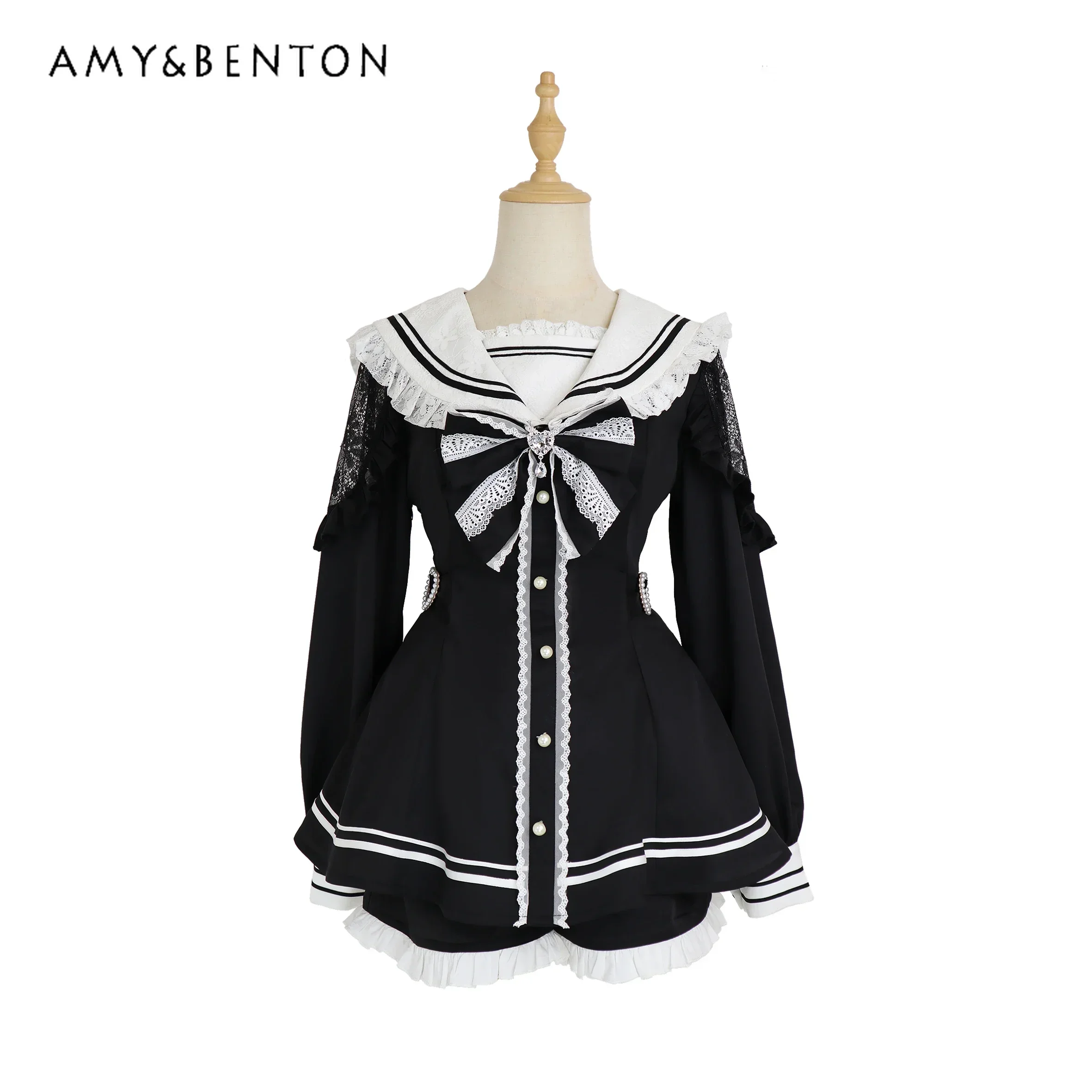 Mine Mass-Produced Skirt Suit Sweet Cute Sailor Collar Patchwork Slim Long Sleeve Dress Shorts Two Piece Sets Womens Outifits