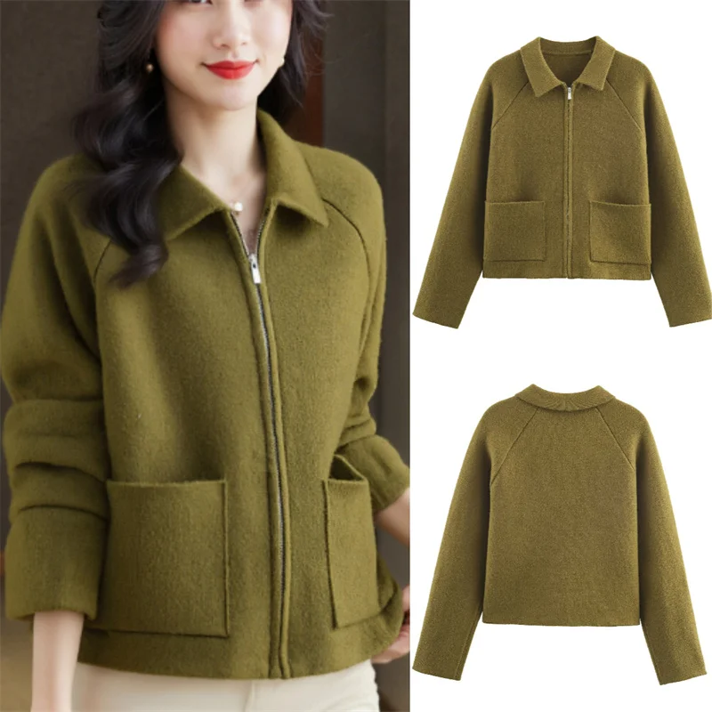 

Women's Trendy Green Zipper Knit Jacket 2025 Fall Fashion Sexy Popular New Knitted Outerwear