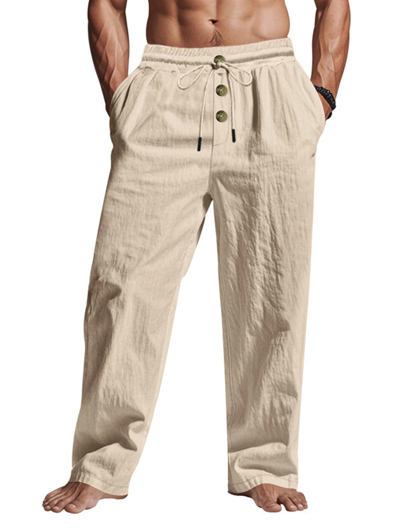 Men Spring Summer Wrinkle‑look Trousers Loose Straight Leg Pants Elastic Waist Drawstring Perfect For Beach Vacation