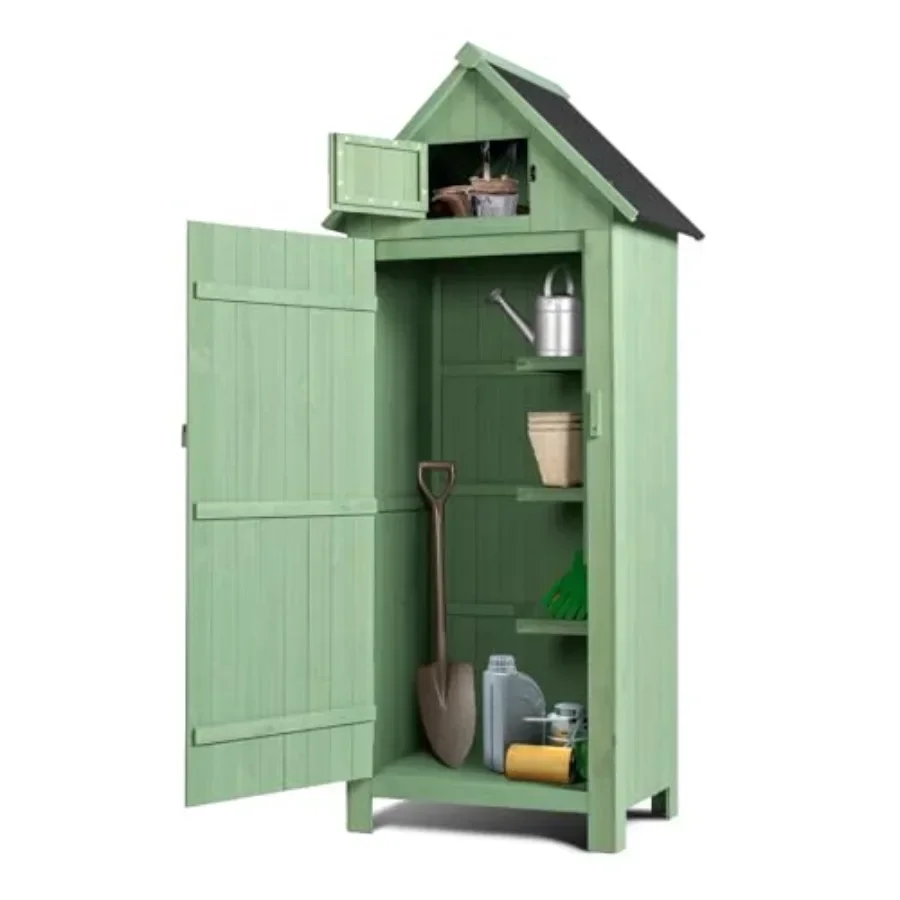 Outdoor wooden storage shed for garden and patio use, natural wood finish, weather-resistant construction with safety latch and