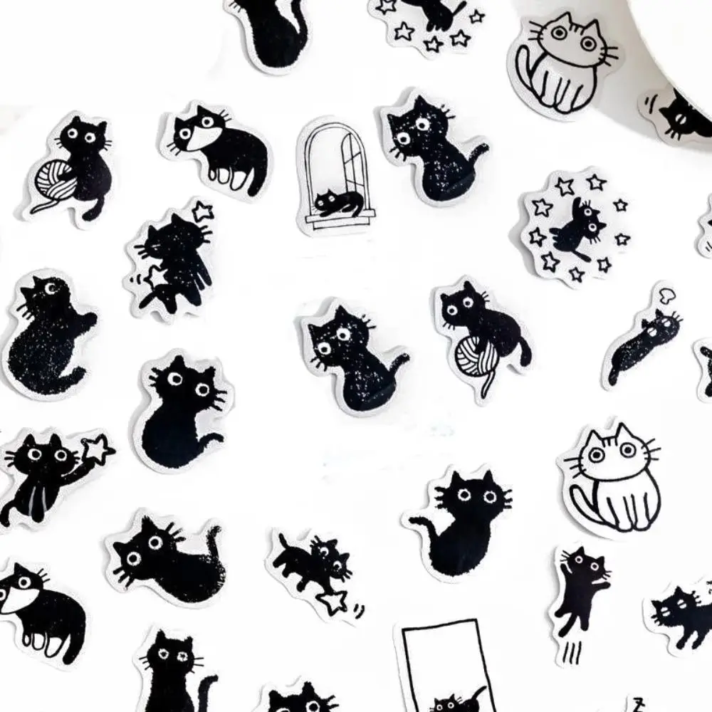 Kawaii小さな黒猫の装飾的な箱入りステッカー、スクラップブッキングラベル、日記文房具、アルバム、電話、ジャーナル、プランナー、セットあたり45個