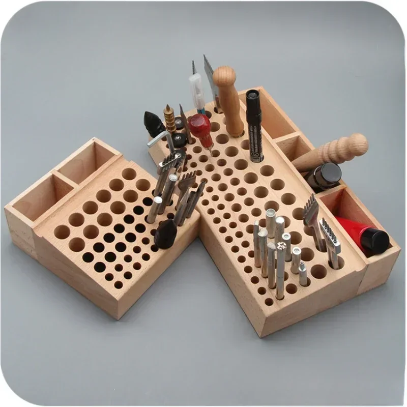

46/98 Holes Wooden Tool Organizer Leather Craft Tool Wood Holder Rack Stamp Organizer with 3 Slot for Tools Organizer Storage