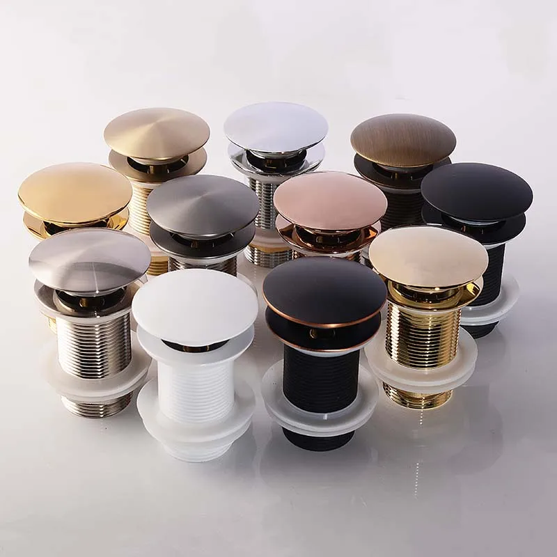 Bathroom Sink Push Down Pop Up Stopper Drain in Brushed Gold,Matt Black,White,Rose Gold,Gold,Chrome Washbasin Accessoires