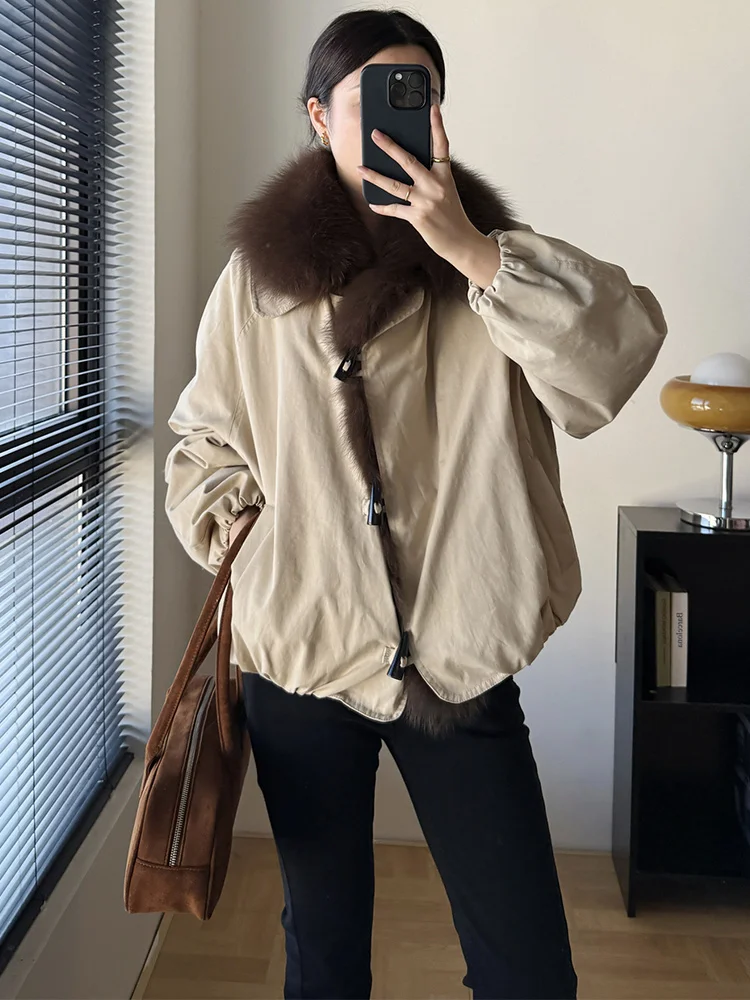 新しいファッション冬暖かい女性ダウンジャケット本物の天然キツネの毛皮の襟ジャケット厚い女性カジュアルアウターパファーパーカーコート
