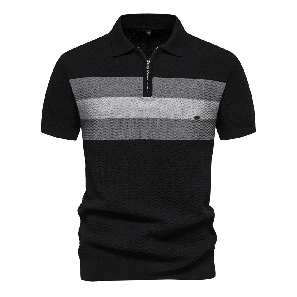 New Summer Men's Striped Business Short Sleeve with Premium Feel, Thin and Versatile Men's Lapel Half-Zip Short Sleeve