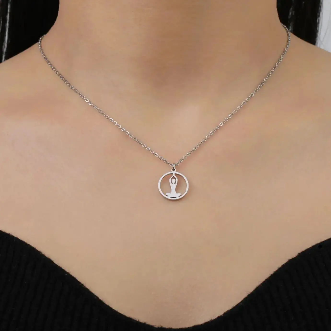 LIKGREAT Round Buddhism Yoga Lotus Pendant Necklace for Women Men Stainless Steel Buddha Crescent Moon Amulet Protector Jewelry