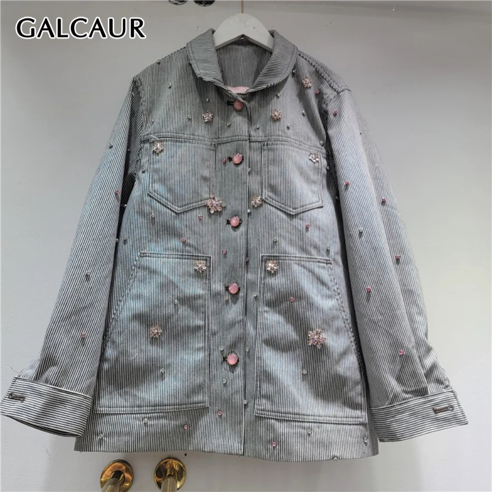 

GALCAUR Blue Spliced Flower Diamonds Jacket Female Lapel Long Sleeve Loose Korean Sweet Women's Jackets Autumn New Fashion Style