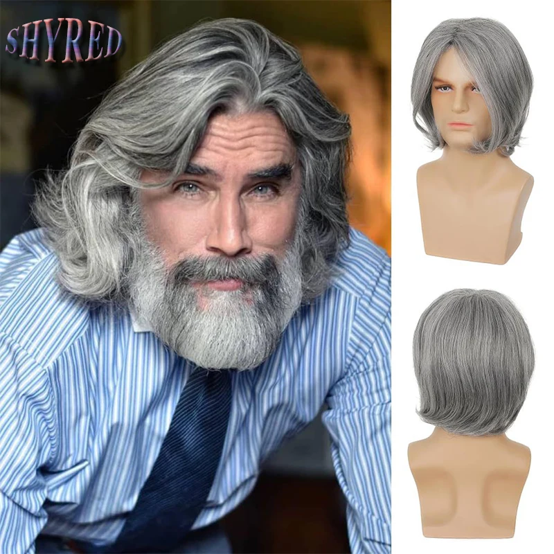 Synthetic Sliver Grey Short Wigs Medium Length Straight Wig for Men Daily Wear Looking Realistic Fake Hair