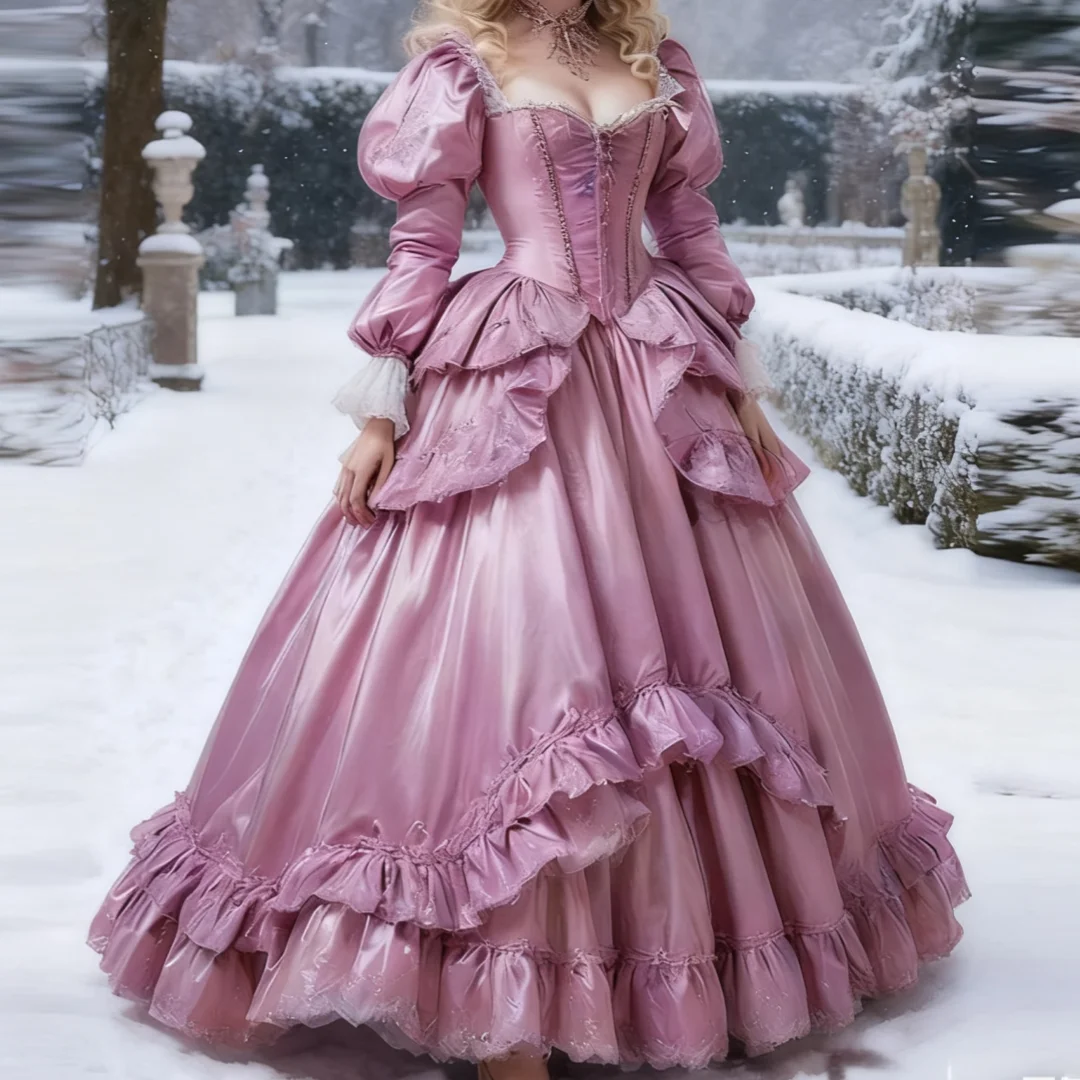 

Fairytale Victorian Prom Dress Pink Satin Lace Ruffles Medieval Masquerade Formal Evening Dress Customized