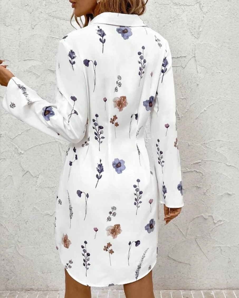 Vestido Midi de manga larga con estampado de flores a la moda de otoño para mujer, vestido camisero informal para mujer, vestido de playa con cintura delgada