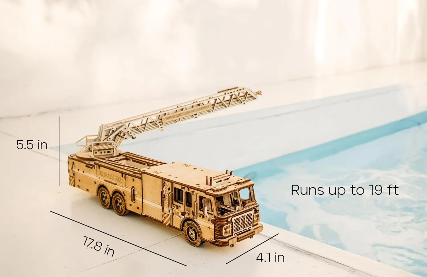 Movable Rescue Firetruck, Rotating Extendable Ladder Rides up to 20ft, 3D Wooden Puzzles, Engineering DIY Mechanical Model Kit