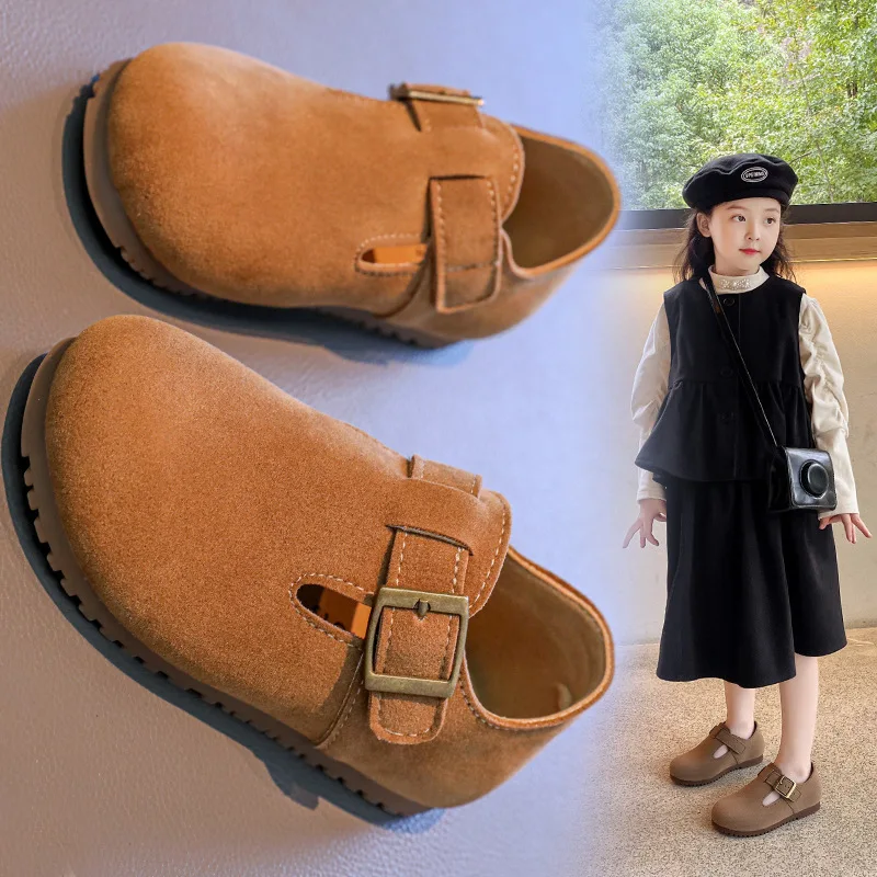 

Autumn Children Suede Shoes New Girl Causal Ballet Shoes Breathable T-tied Kids Fashion Everyday Footwear Boy Buckle Shoes
