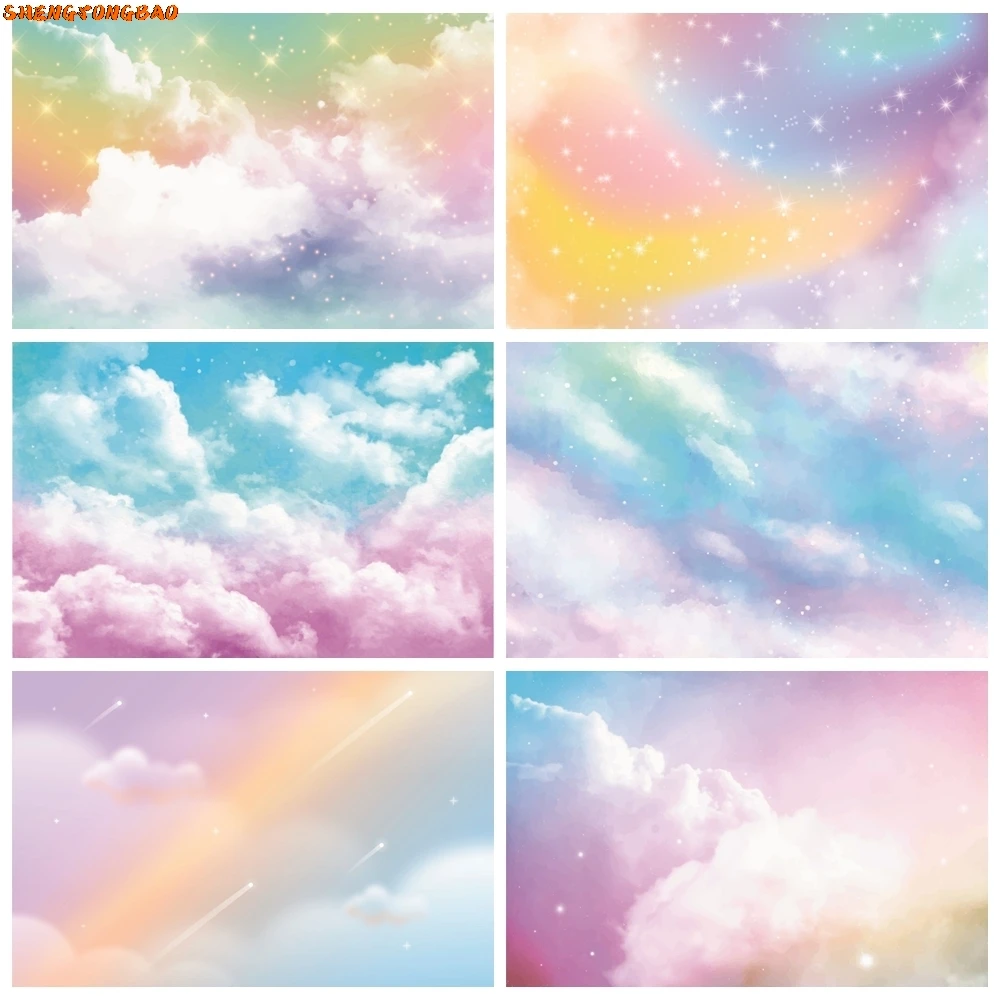 

Rainbow Clouds Backdrop Colorful Blue Sky Glitter Stars Gradient Baby Shower Birthday Party Photography Background Photo Studio