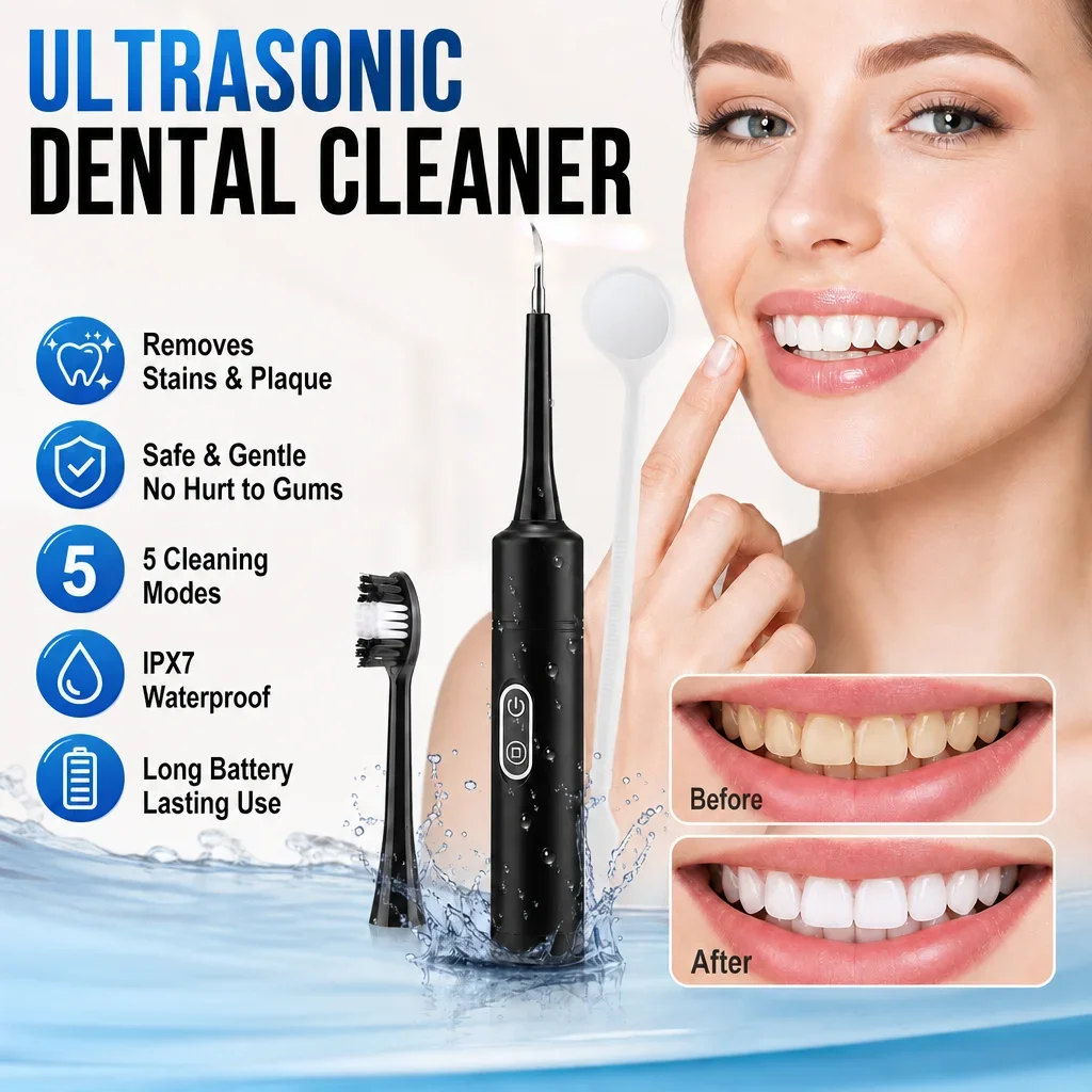 Electric Dental Scaler with 5 Modes, Cordless Sonic Tooth Cleaner for Surface Stains, IPX6 Waterproof USB Rechargeable with LED
