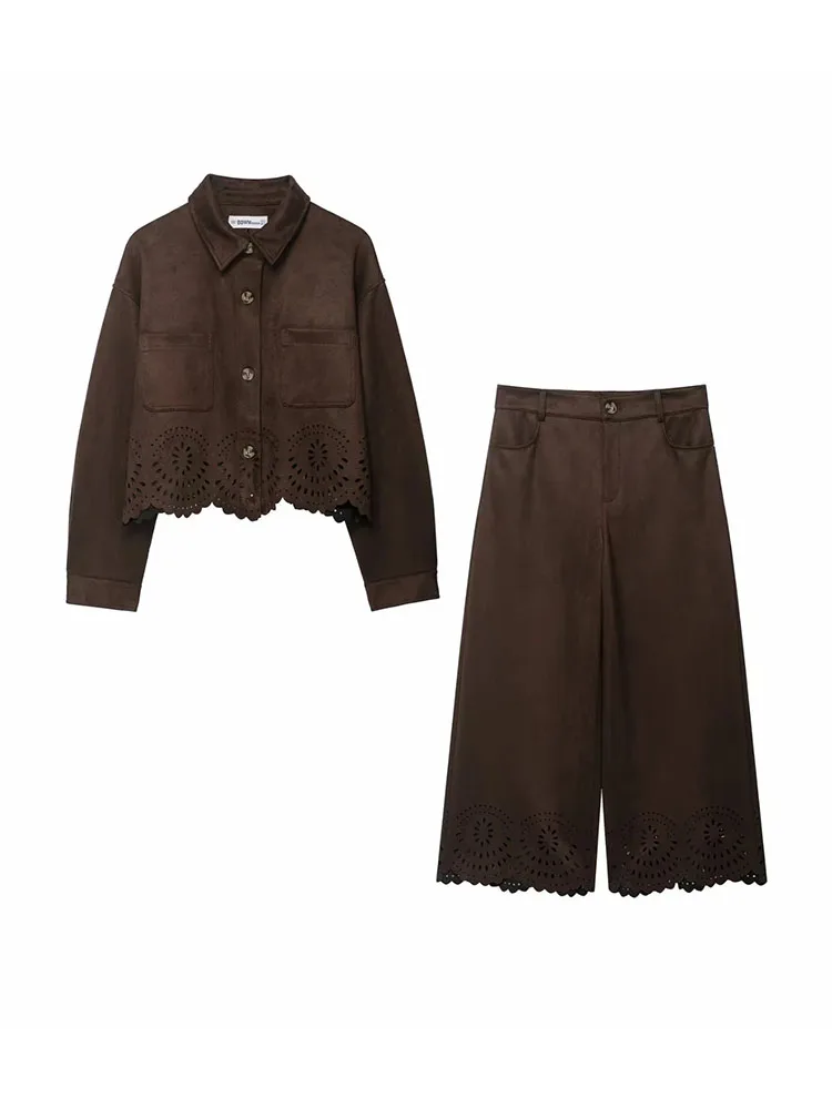Frauen 2025, Herbst Neue Vintage Casual Chic Frauen Revers Langarm Einreiher Wildleder Jacke Lange Hosen Mode Anzüge