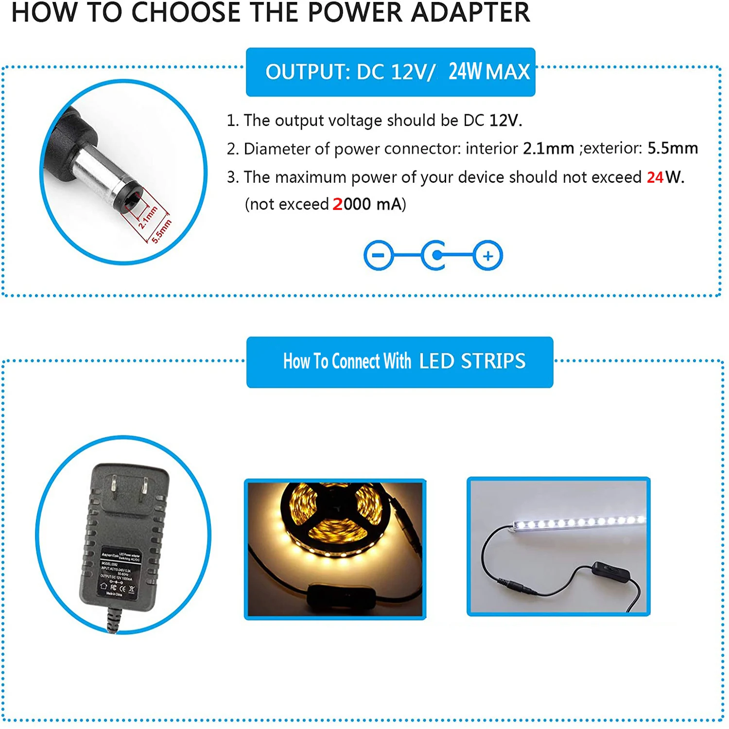 AC/DC 12V 2A Adapter Power Supply With DC On/Off Switch 5.5mm x2.1mm Connector For LED Strip Night Cabinet Light CCTV Camera