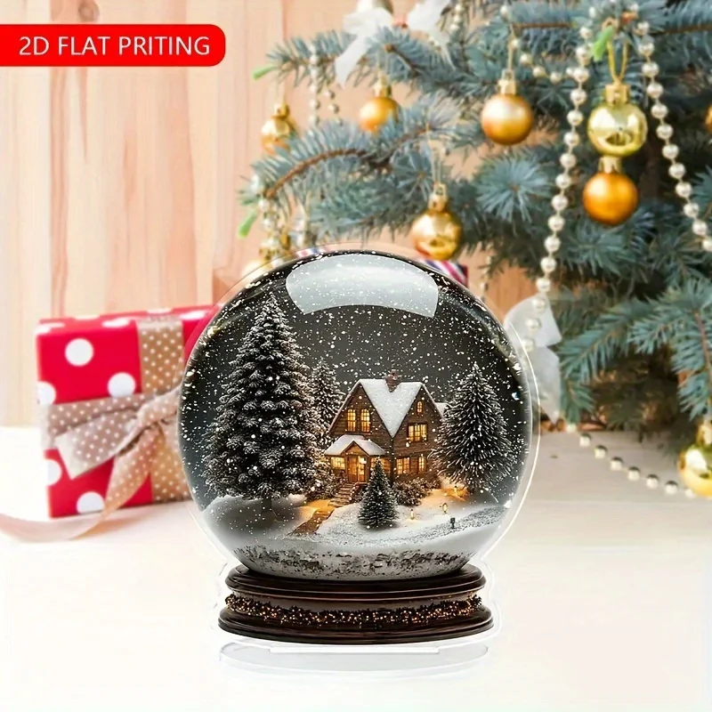 Enchanting Acrylic Snowball Christmas Decor 2D Print Winter Wonderland Scene Snowy Trees Magical Xmas Cabin Home Office Decor