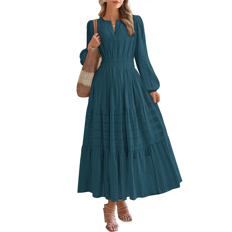 

ABRT-Женское осеннее повседневное платье макси с длинным рукавом и v-образным вырезом, эластичной резинкой на талии, легкое макси-платье для свадебного гостя с карманами