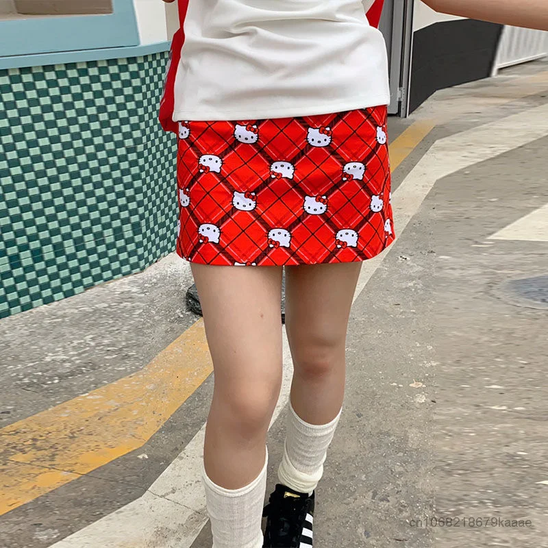 Sanrio Hello Kitty Red Plaid A-line Skirt Women Cartoon Summer Japanese Style Cute Short Skirts Y2k Alternative Fashion Clothes