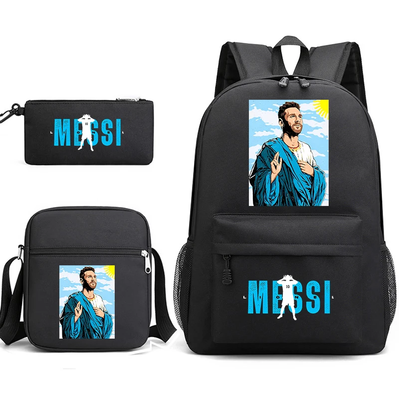 Conjunto de mochila para niños con estampado de messi, bolso escolar para estudiantes, bolso de hombro, estuche para lápices, conjunto de 3 piezas adecuado para niños y niñas