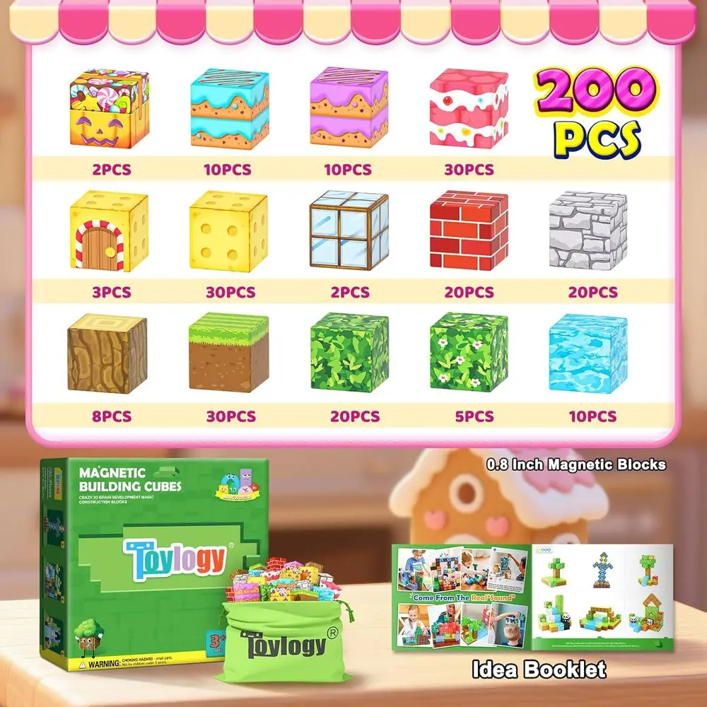 Magnetische Bausteine – 200-teiliges Mine-Magnet-Weltwald-Bonbon-Set für Kleinkinder, Lernen und Spielen im Freien für Kinder im Alter von 3–8 Jahren