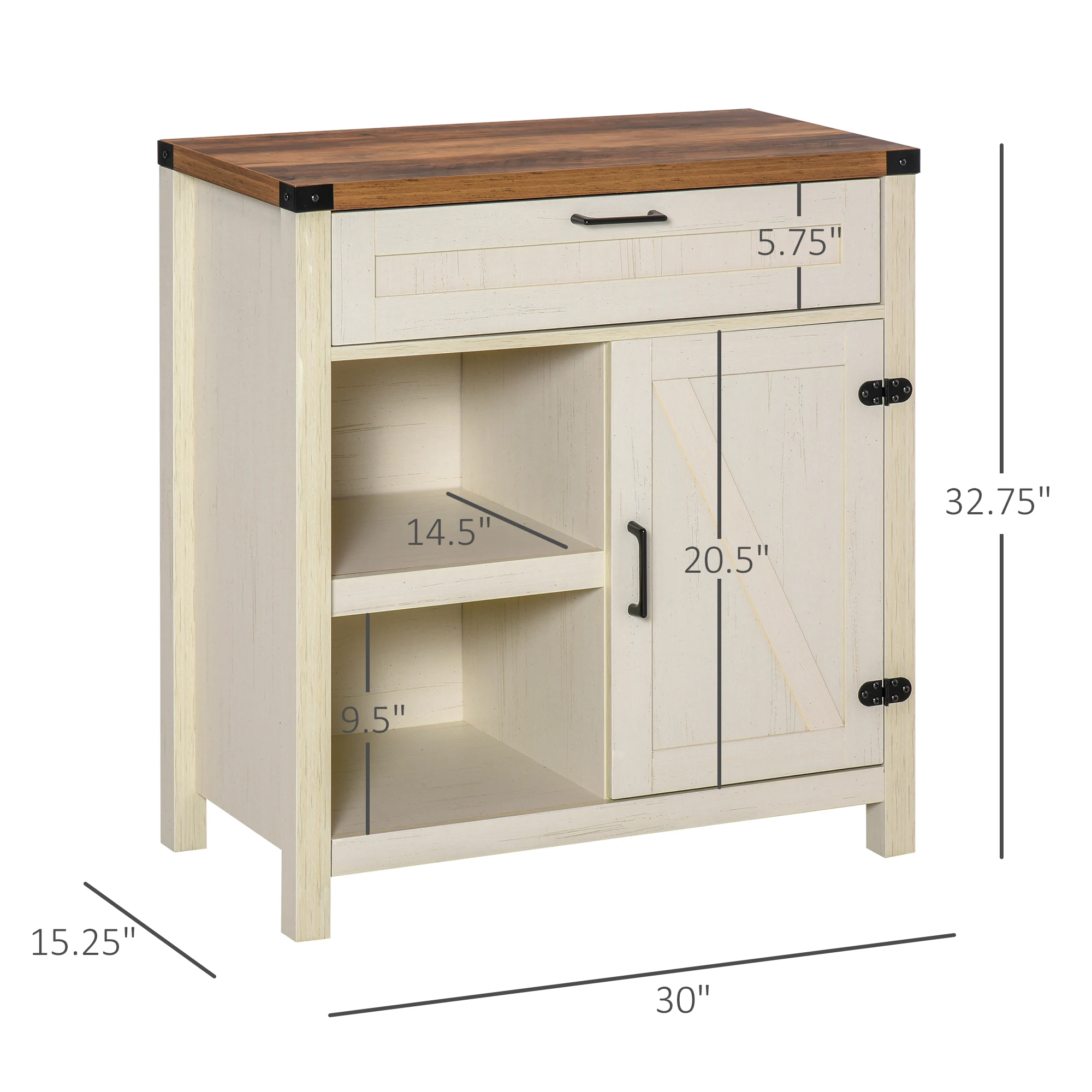 Cottage Inspired Storage Hutch Cupboard with Adjustable Shelves and Open Cabinet