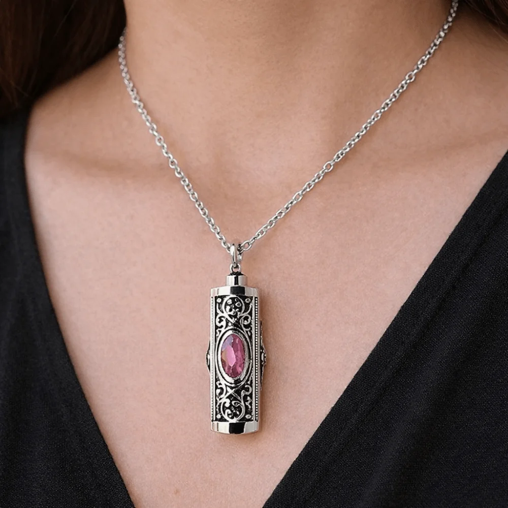 For Men Crystal Cremation Urn Necklace Cylinder Waterproof Ashes Pendant Keepsake Retro Style Cremation Jewelry Human Ashes