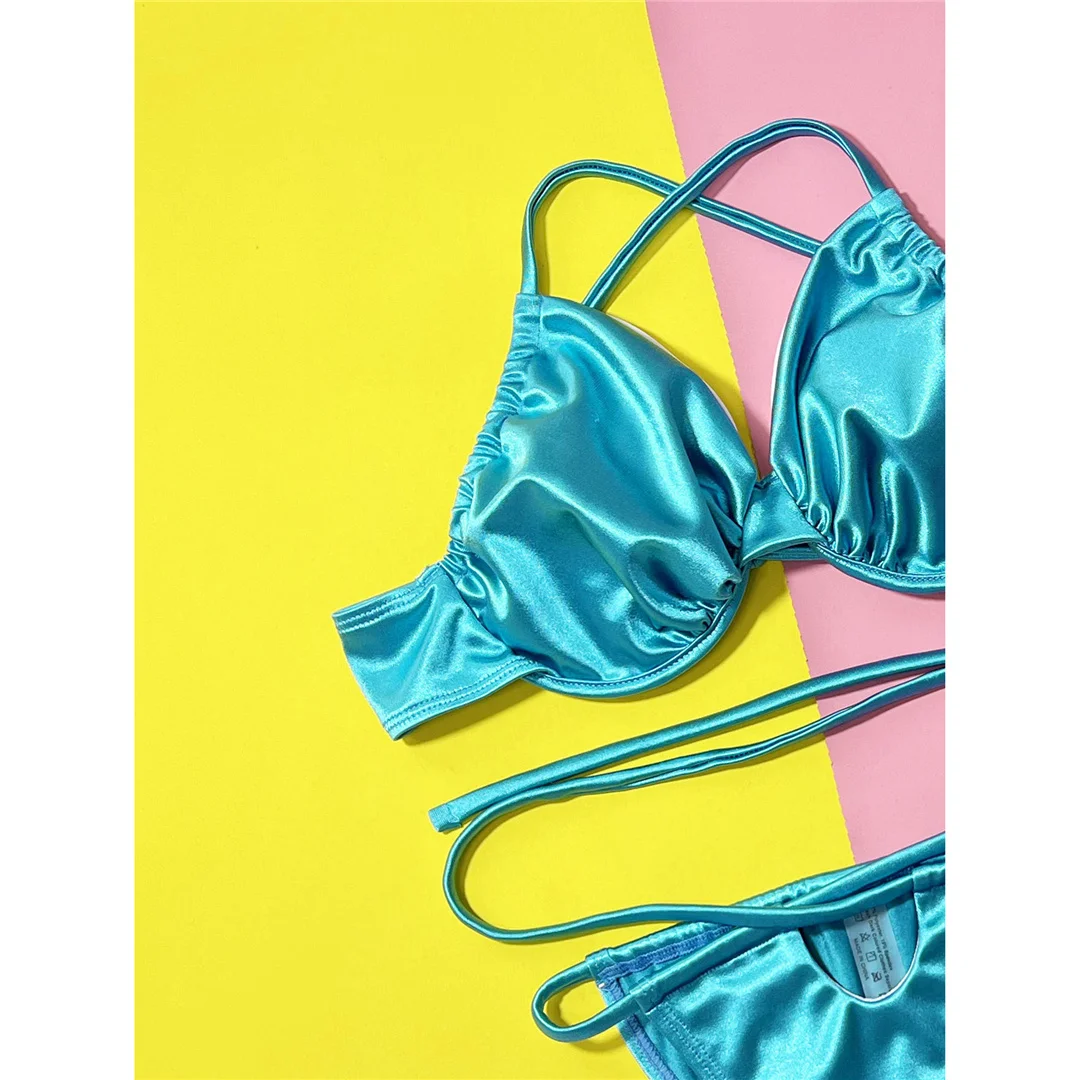 Sexy, geraffter Bikini mit Bügel und überkreuztem Rücken, Damen-Badeanzug, zweiteiliges Bikini-Set, Badebekleidung, Badeanzug, Modell V4748. – Detail 11