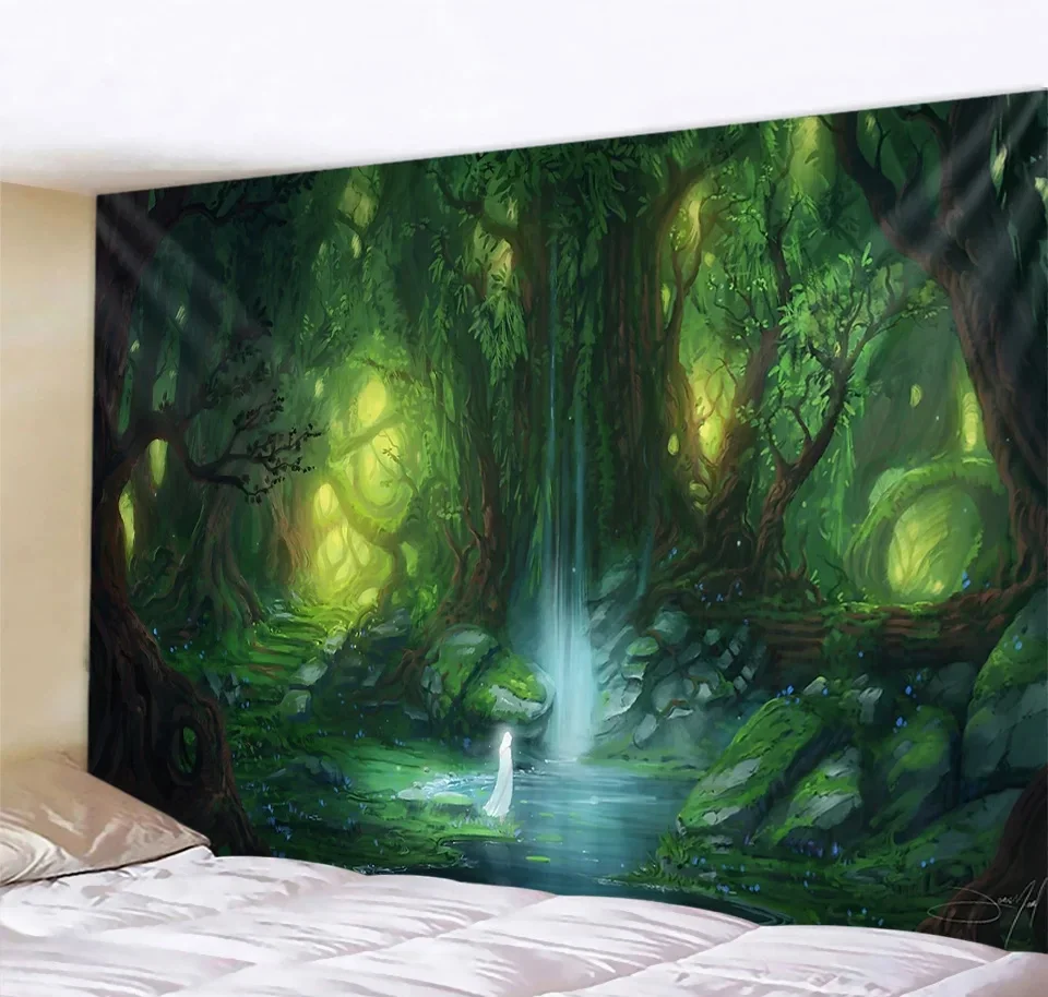Forest Tree Tapestry Nature Landscape Tapestry Starry Night Sky Wall Hanging for Home Bedroom Living Room Dorm Office Decor