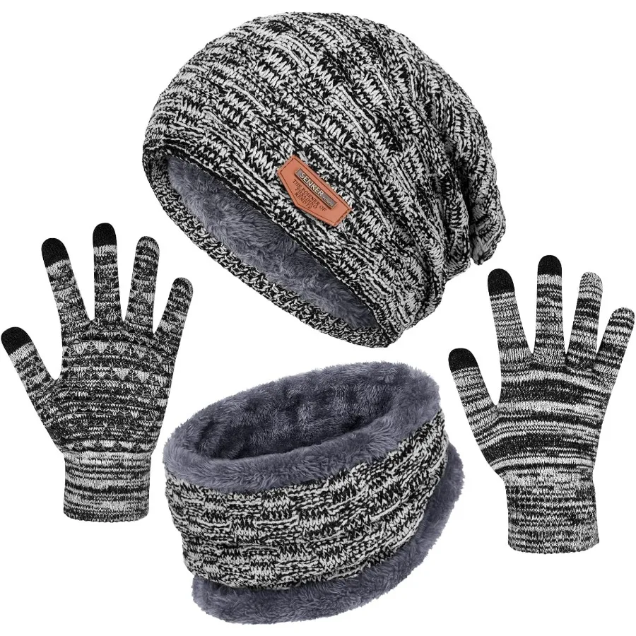 Zimowy zestaw czapka, szalik i rękawiczki dla kobiet i mężczyzn, luźna czapka beanie, ocieplacz na szyję, rękawiczki dotykowe do ekranów do użytku na zewnątrz w chłodne dni.