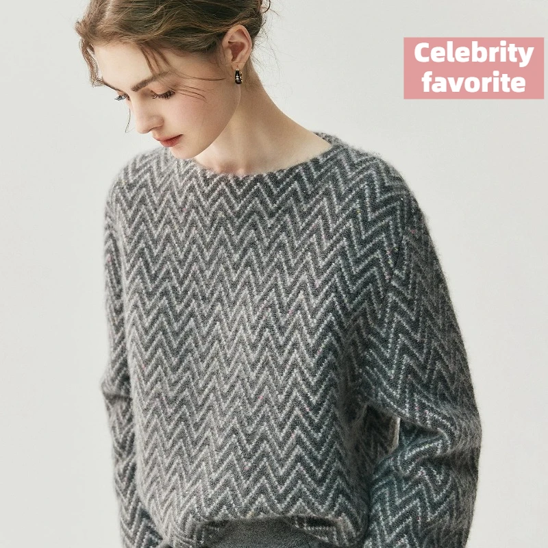 

Ankola Red Short Contrasting Geometric W Pattern Girl Slash Neck Knitted Sweater Loose Good Looking Knitted Pullover Top