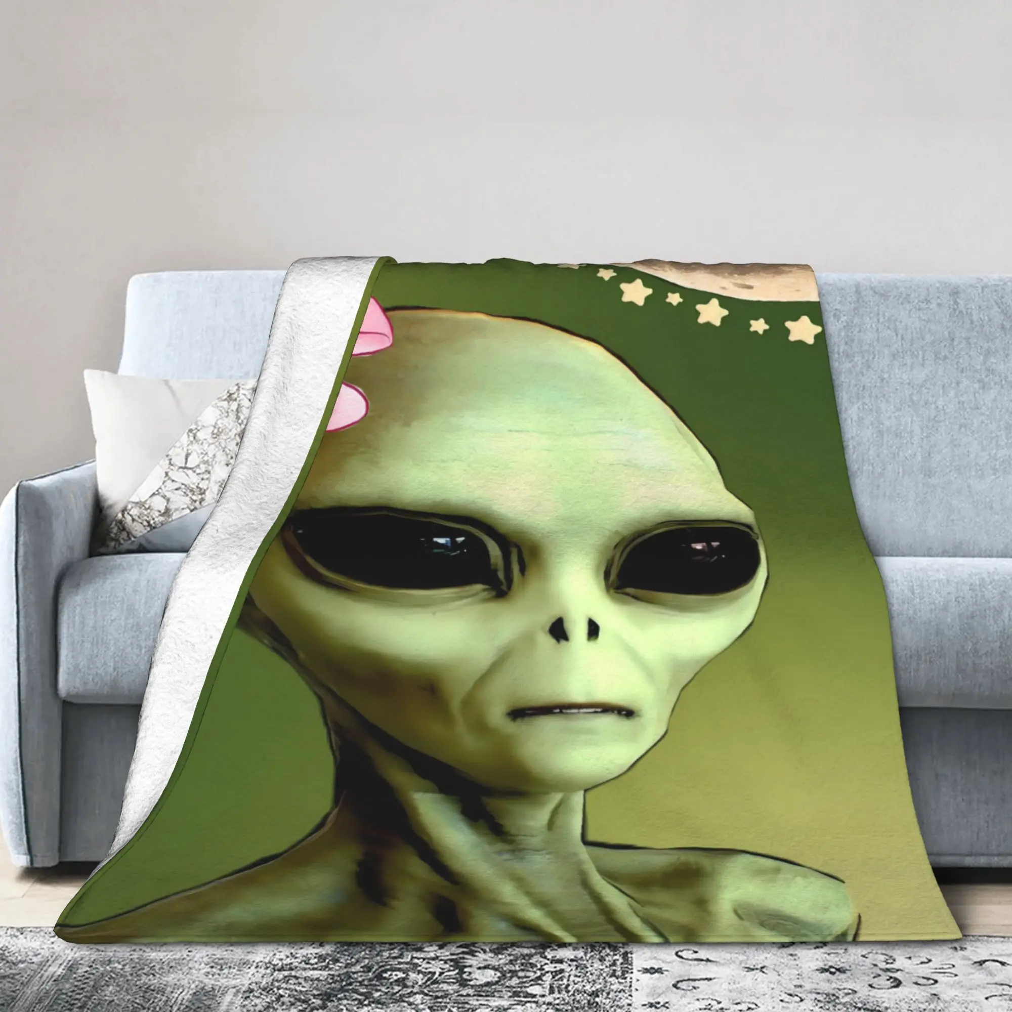 Pale Green Alien Portrait Pink Bow Moon And Star Warm Blanket  Decorative Plush Throw Blanket Chair Flannel Bedspread Sofa Cover