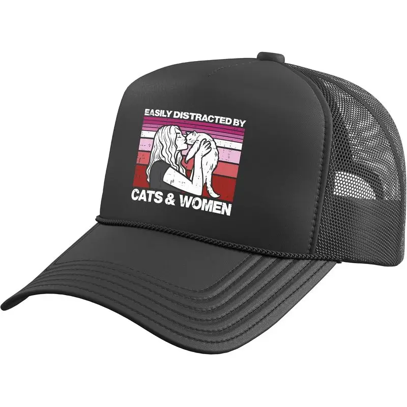 Lesbian Easily Distracted by Cats Women LGBTQ Pride Flag Trucker Hat with Adjustable Mesh Back