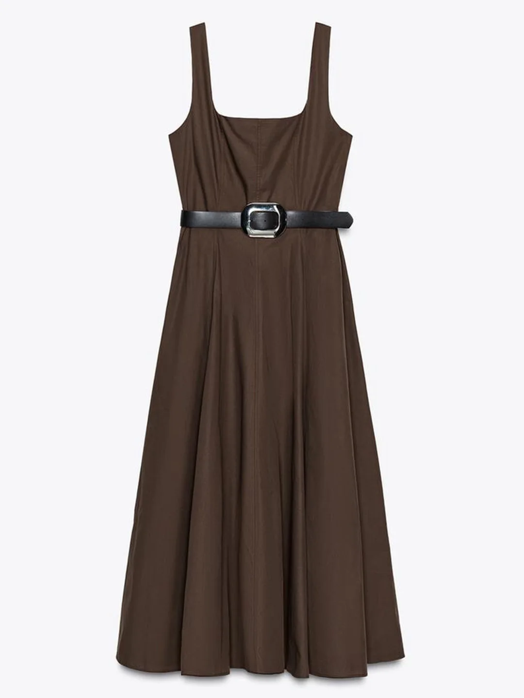 Sweet Sli Slimming Belted Midi Dr مع أشرطة كتف واسعة جديدة للنساء من القطن كاجوال مربع Ne Dr