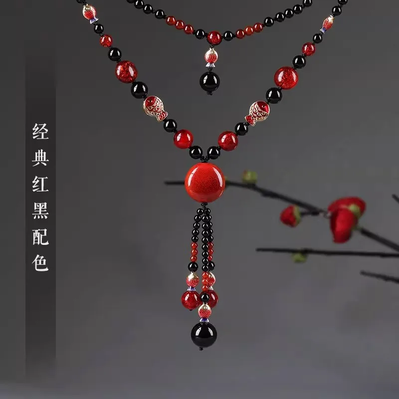 Sweater Chain Chinese Style Pendant Women's Long Necklace Agate Ethnic Style Decorative Necklace