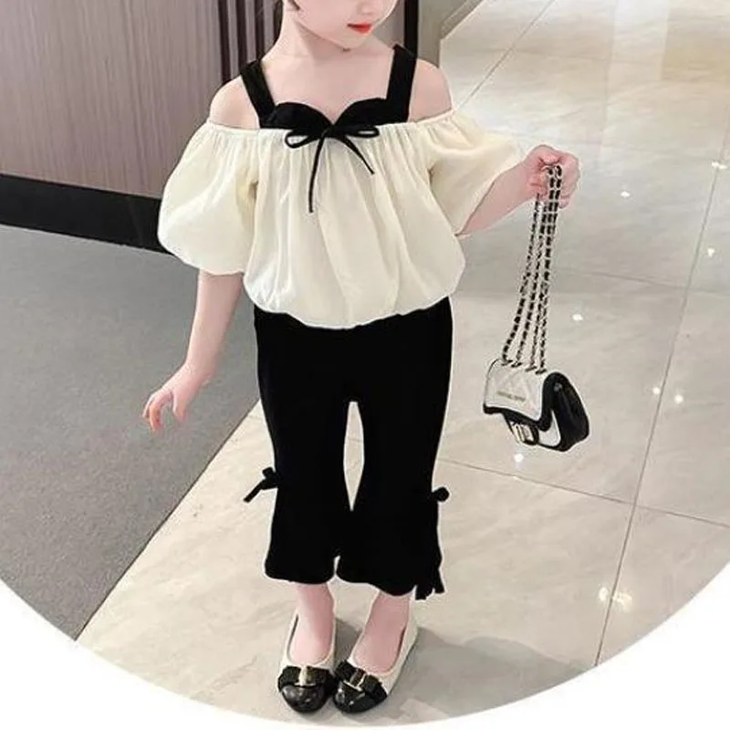 Summer New Girls Square Collar Off Shoulder Contrast Color Spliced Bow Fashionable Loose Sweet Puff Sleeve Elastic Pants Sets