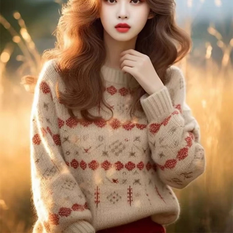 เสื้อสเวตเตอร์ถักไหมพรมผู้หญิง สไตล์เกาหลี เสื้อผ้าฤดูหนาว แฟชั่นหลวมๆ สไตล์ลำลองสำหรับฤดูใบไม้ร่วง เสื้อจั๊มเปอร์ลายแจ็คการ์ด แขนยาว เสื้อพูลโอเวอร์ผู้หญิง