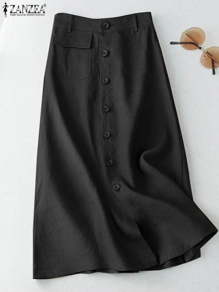 ZANZEA Women Casual Button Up A-line Skirts Summer Cotton Midi Skirts 2024 Elegant High Waist Mujer Solid Temperament Faldas