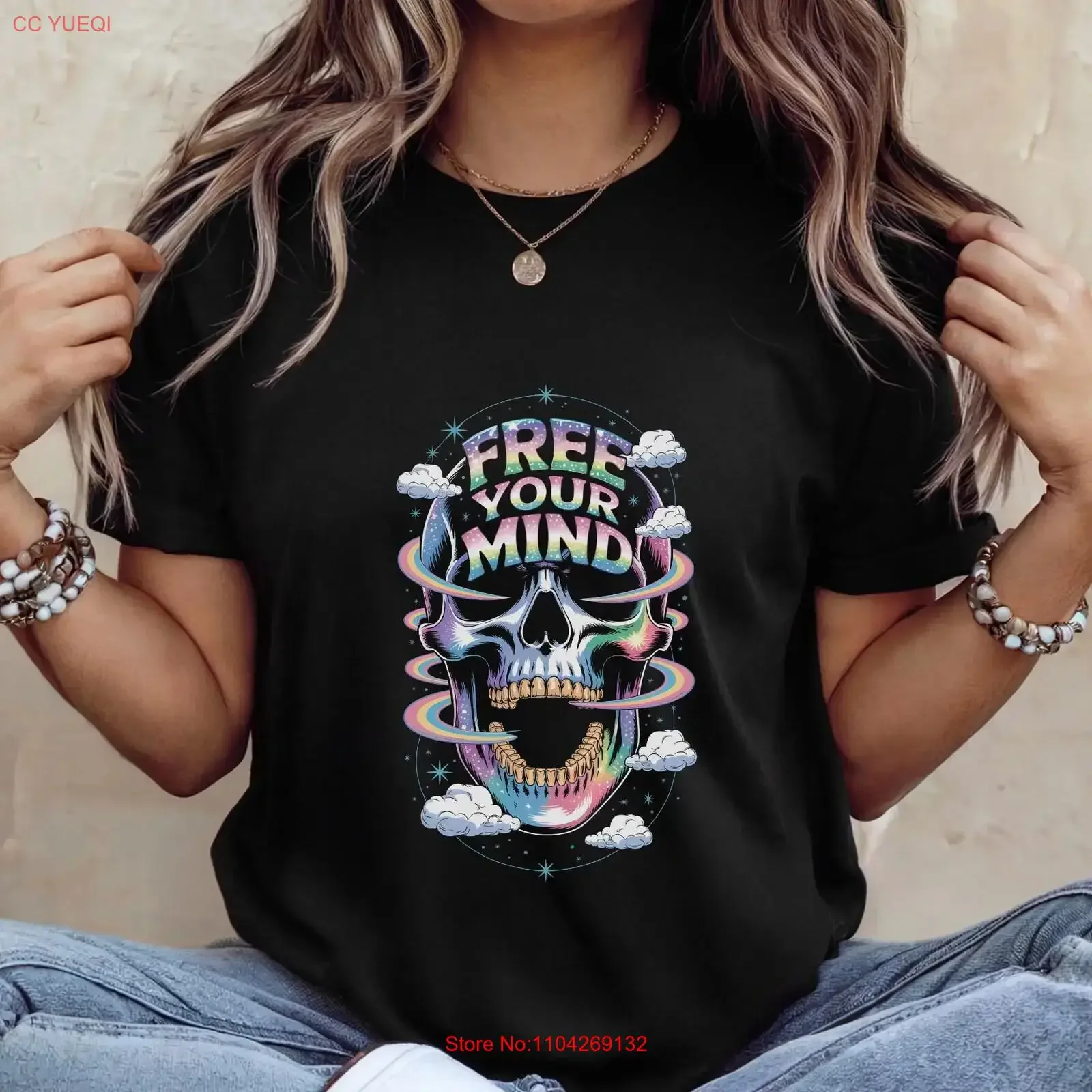 Free Your Mind Skull T Shirt Casual Wear Positive Affirmation Inspirational for Friends vintage Washed Stylish homme streetwear