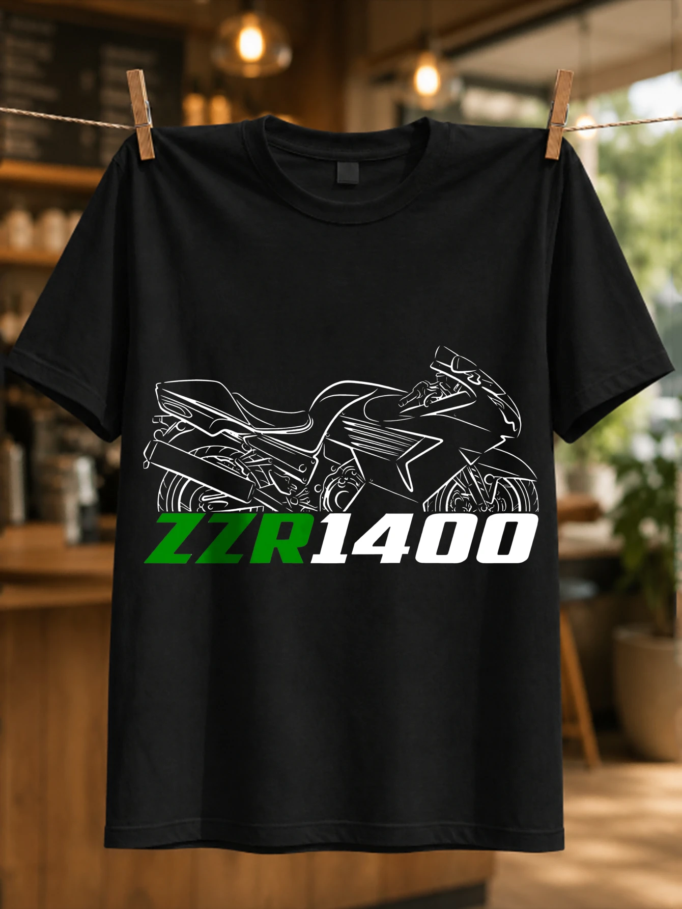 ZZR1400 Motocicleta Line Art, diseño de motocicleta deportiva de turismo con letras verdes, camiseta unisex para motociclistas de alta velocidad