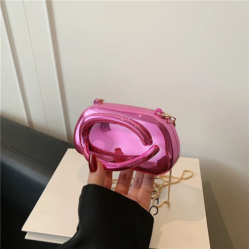 

New Women's PVC Glossy Handbag, Metallic Chain Strap Crossbody Purse, Color Blocking Small Shoulder Bag, Winter Glam Style