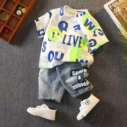 Summer Kids Streetwear Letter Print T Shirt 100% Cotton Tops Tees Children Jeans Short Sleeve Boys Girls Clothes Kids Outfits