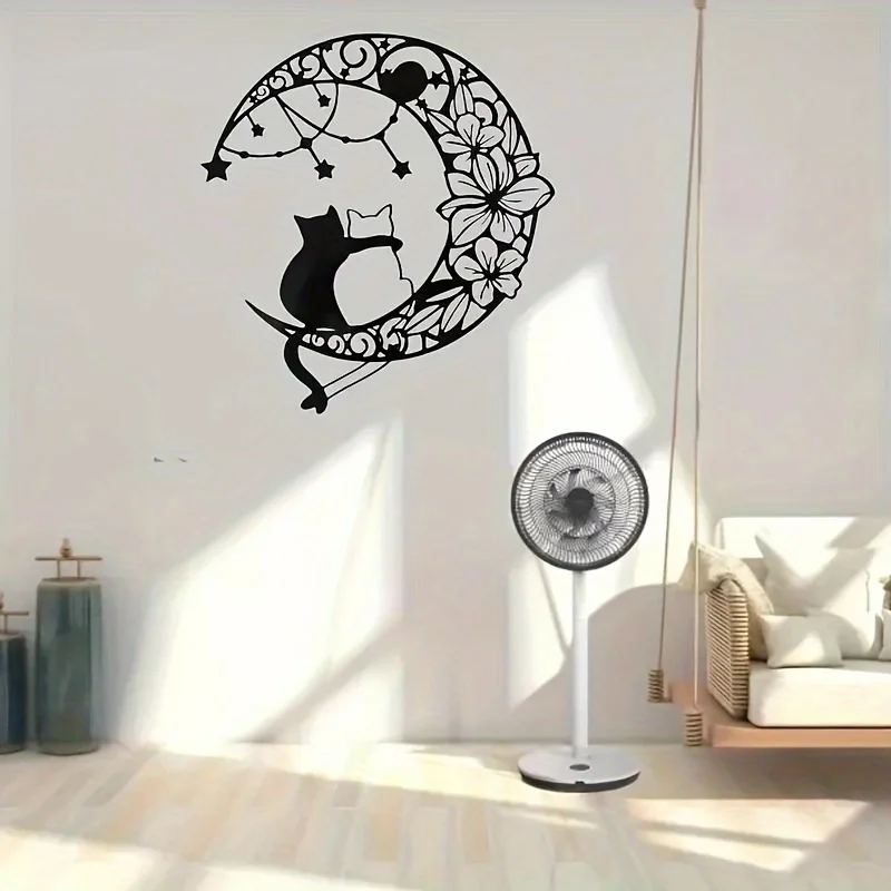 Metal Moon Cat Wall Art Iron Art Black Silhouette Wrought Iron Silhouette Decoration for Kitchen Office Bathroom Home