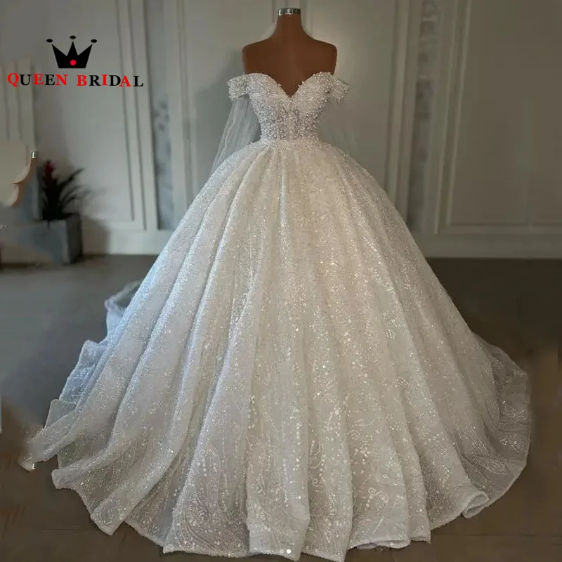 

Elegant Off Shoulder Wedding Dresses Sweetheart Pearls Sequined Floor-Length Bridal Ball Gowns Vestidos De Novia Custom H45X