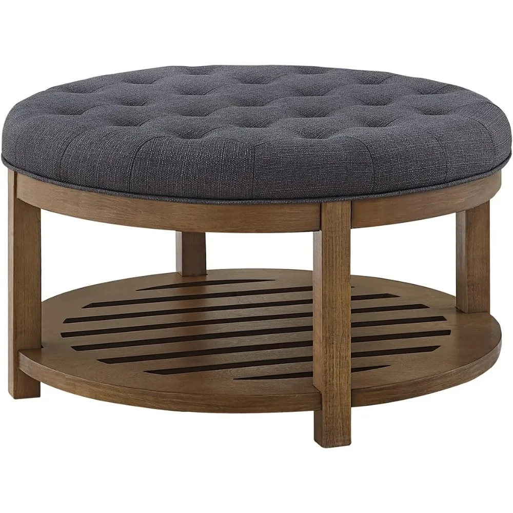 

Large Round Upholstered Tufted Linen Ottoman Coffee Table, Large Footrest Ottoman with Wood Shelf Storage-Charcoal,Furniture