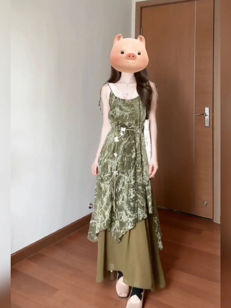 

FatmmFrench Retro Printed Strap Dress for Women Summer High-end Exquisite Irregular Long Dress