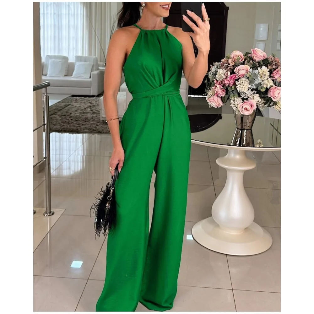 Sexy Halter Neck Women's Off Shoulder Sleeveless Jumpsuits Summer Fashion Waist-closing Lace-up Elegant Female  Office Rompers