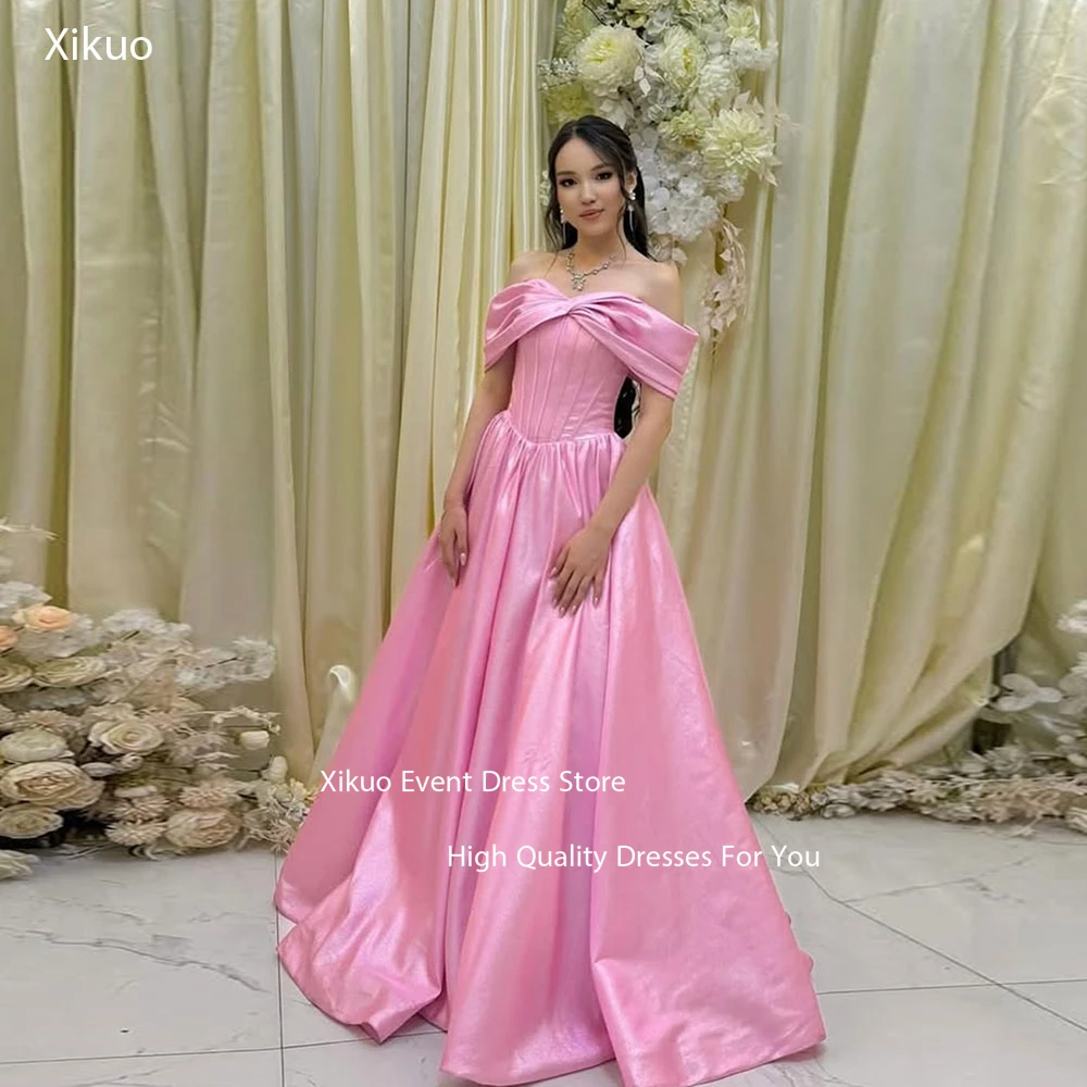 

Xikuo Pink A Line Evening Dresses Pleated High Quality Maxi Prom Gowns Satin Cocktail Off Shoulder Robe De Soirée Customized