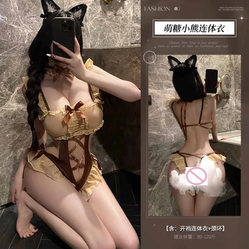 Nova moda elegante feminina sexy cosplay urso lingerie roupa interior festa de halloween erótico aberto virilha roleplay sm bodysuit